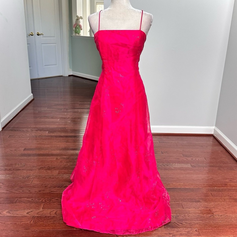Morgan & Co Hot Pink Glitter Corset Back Feminine Princess Floral Gown Dress